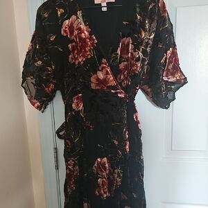 Hutch Black Midi Wrap Dress with Rose and Gold Floral
